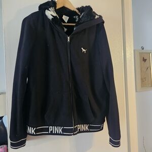 Victoria's Secret PINK Faux Fur Lined Blk & White Hoodie with White Accents.